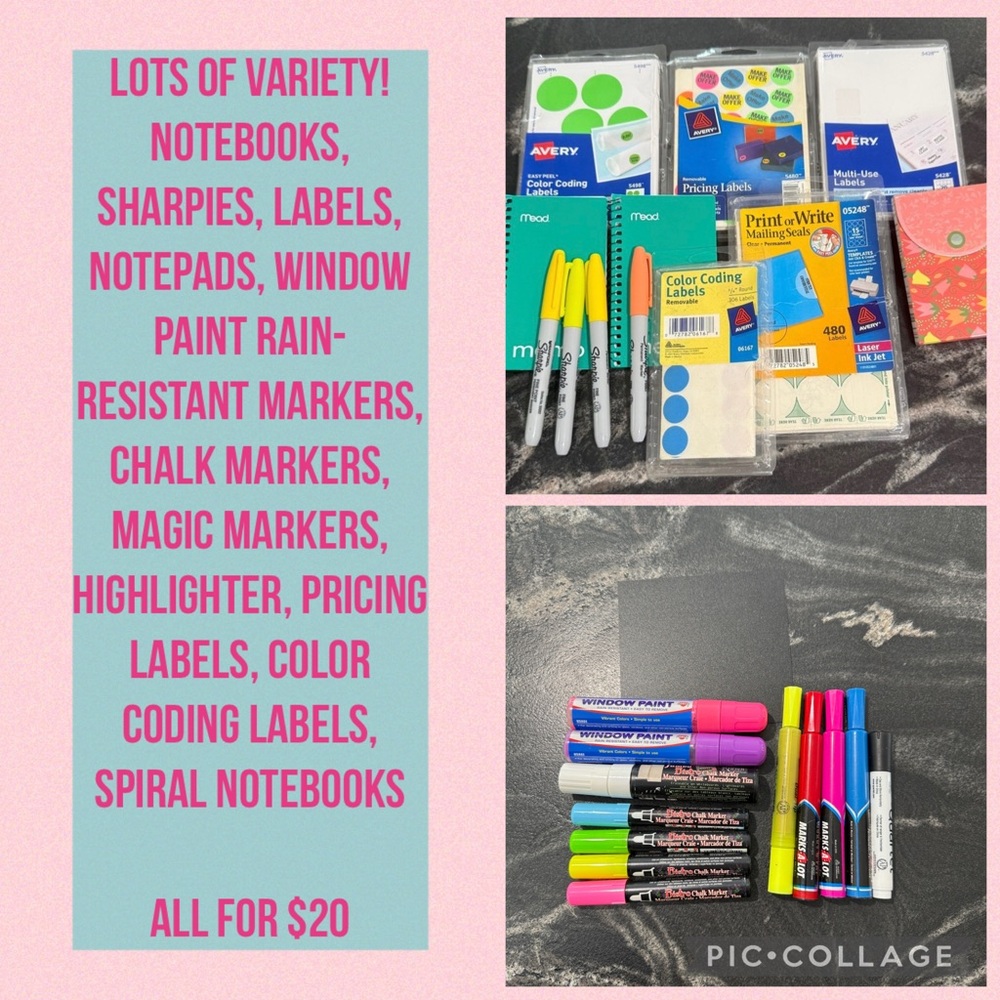 Labels, Notepads, Sharpies, Window Paint, Chalk Markers, Marks-a Lot Markers